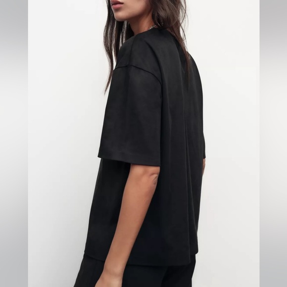 Zara NWT 2 piece matching SET black faux suede tee shirt & wide leg pants - Picture 4 of 15